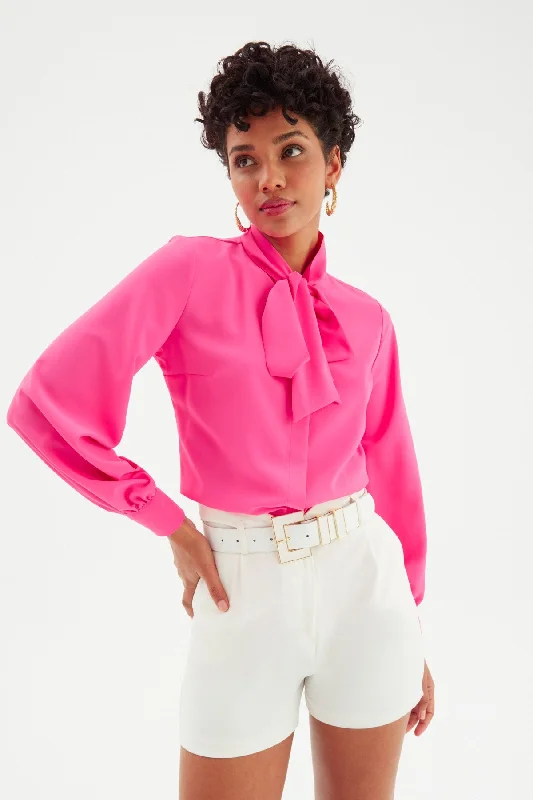 Tied Collar Plain Long Sleeve Shirt - Hot Pink-- Polka Dot Checkered Tartan