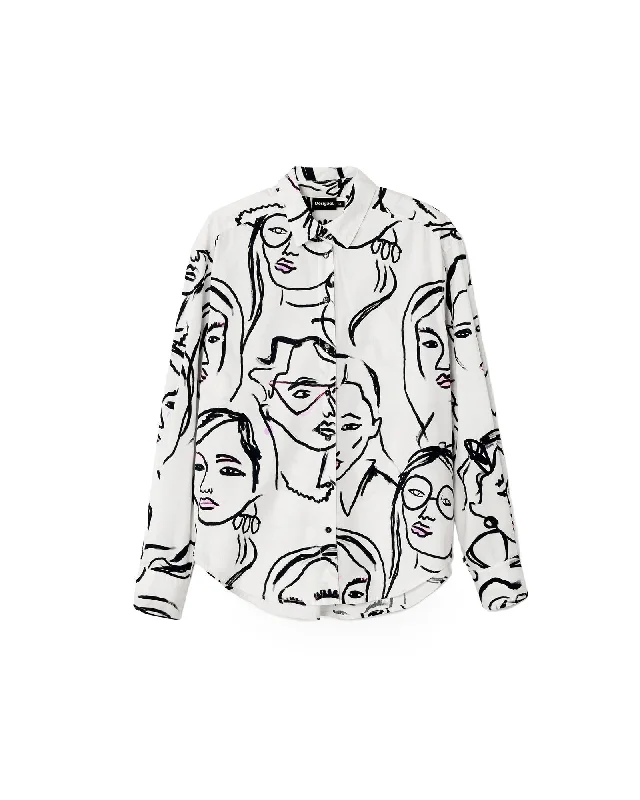Desigual  Women's Faces Print Long Sleeve Shirt White-- Cozy Warm Stylish