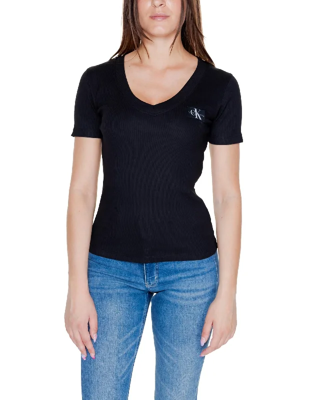 Calvin Klein Jeans  Womens Ribbed VNeck TShirt-- V-Neck T-Shirt Long Sleeve Cotton