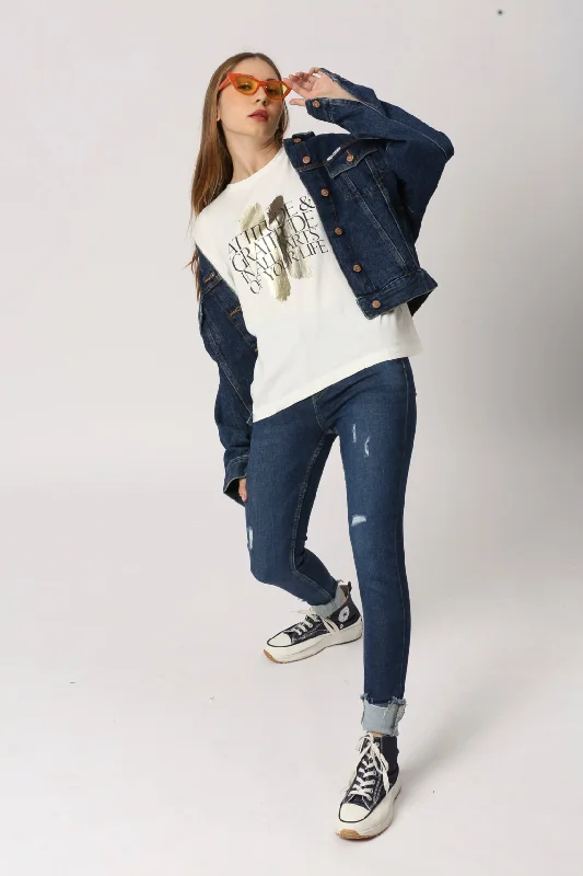 Women Off White Printed Cotton T-Shirt-- Notch Collar Peter Pan Collar Cowl Neck