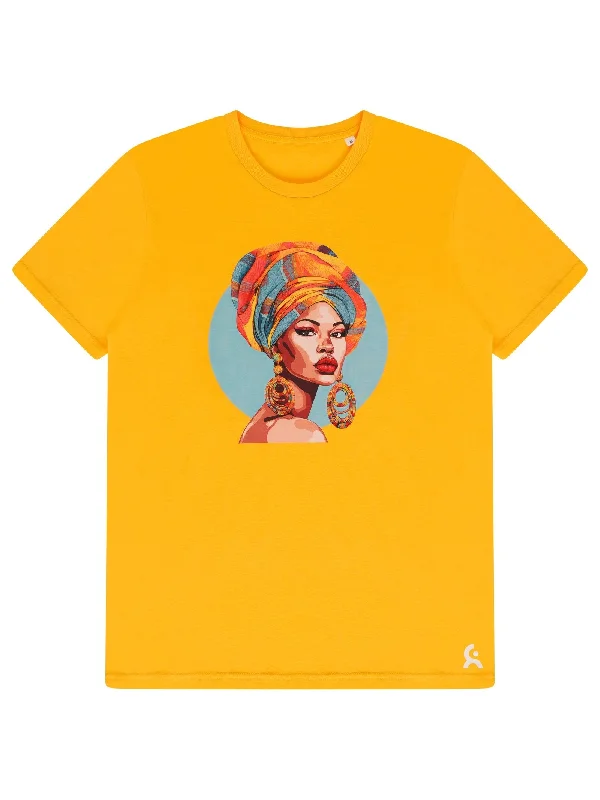 Yellow West African Woman “Sanfa” T-shirt-- Beaded Sequined Faux Fur