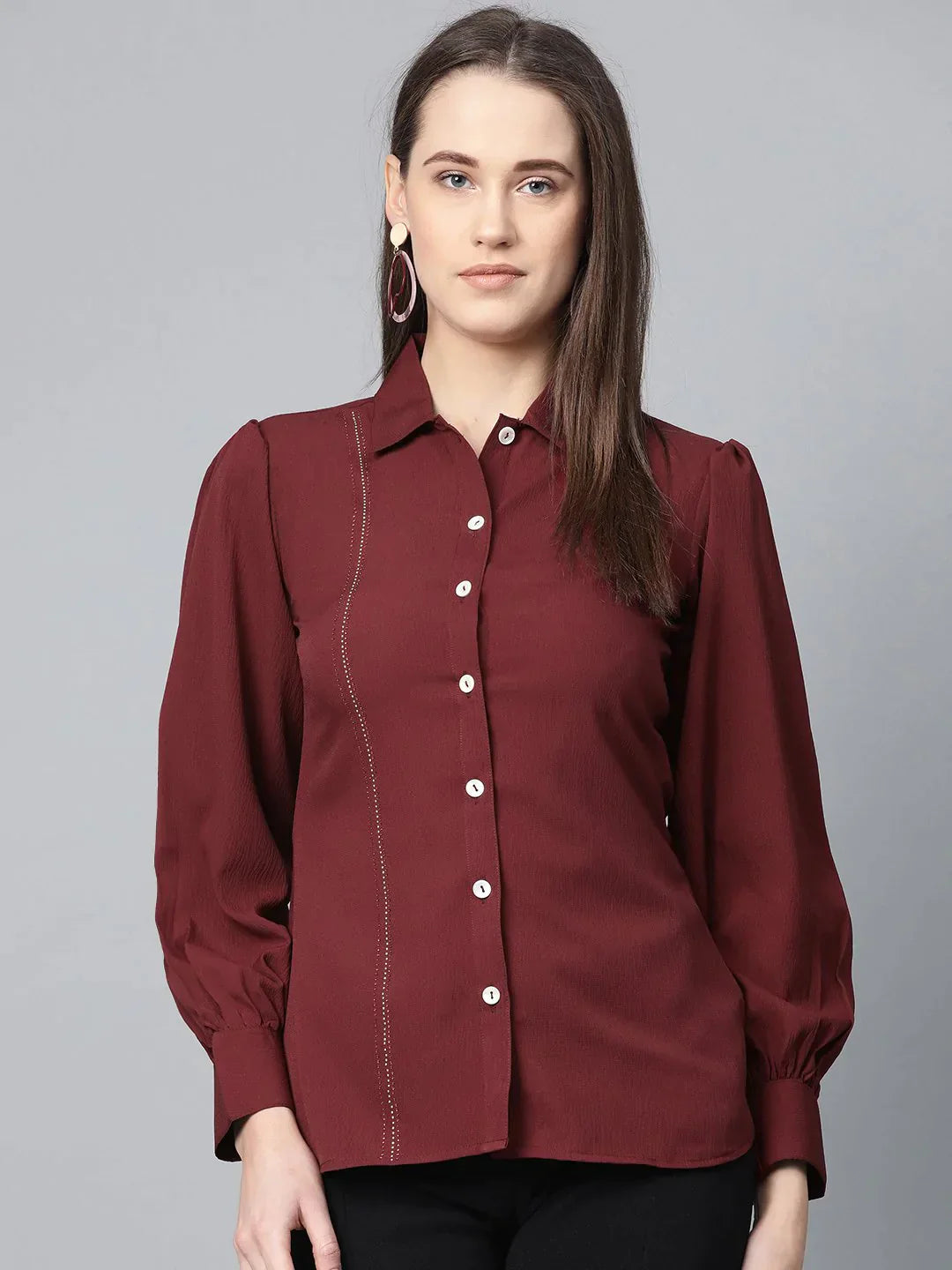 Women Maroon Regular Fit Crinkled Effect Casual Shirt - Rasiya-- Handmade Hand-knitted Hand-woven Women Maroon Regular Fit Crinkled Effect Casual Shirt - Rasiya-- Handmade Hand-knitted Hand-woven
