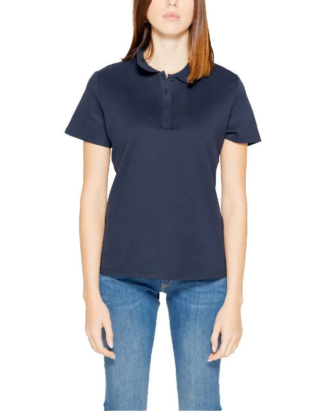 Street One  Women's Dark Blue Short Sleeve Polo Shirt-- Ribbed Striped Patterned