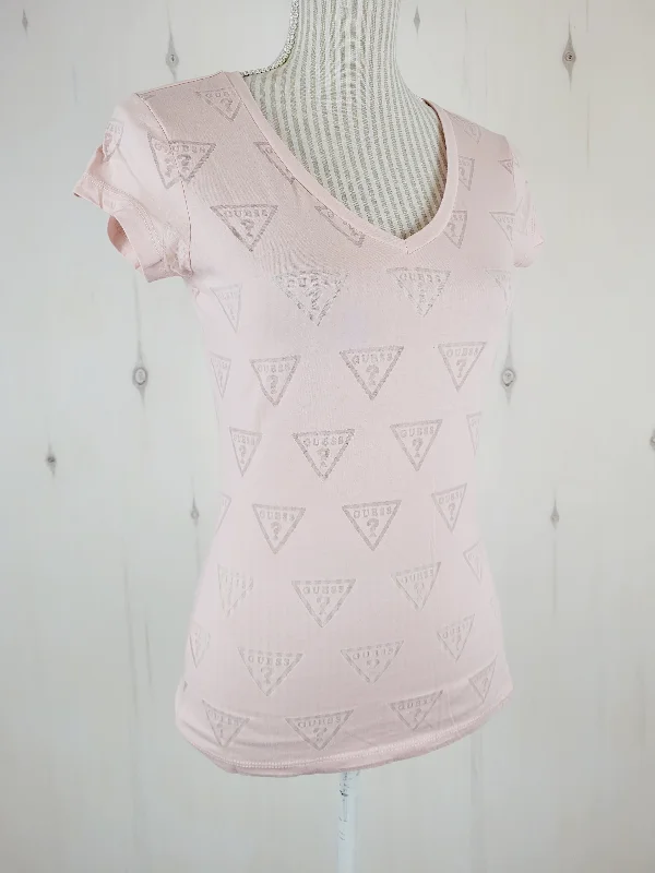 GUESS PASTEL PINK SHEER TSHIRT LADIES MEDIUM PRE-LOVED-- Silk Blend Satin Velvet