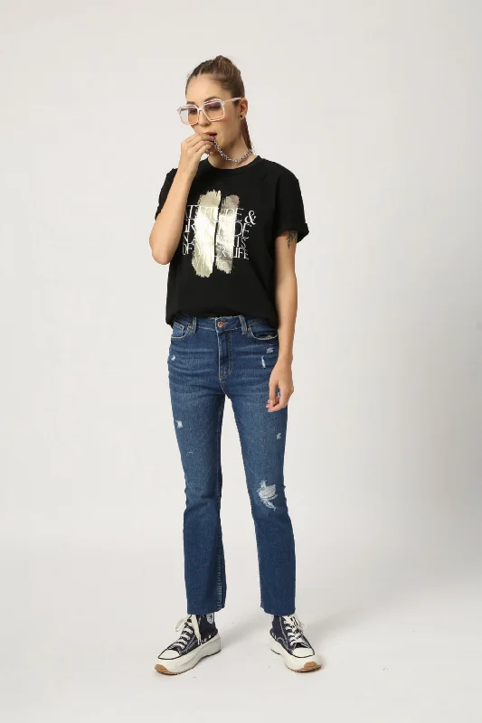 Women Black Printed Cotton T-Shirt-- Zippered Front Buttoned Front Snap Front