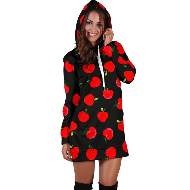 Apple Red Pattern Print Women Hoodie Dress Hoodie with Full-Zip Functional Layering