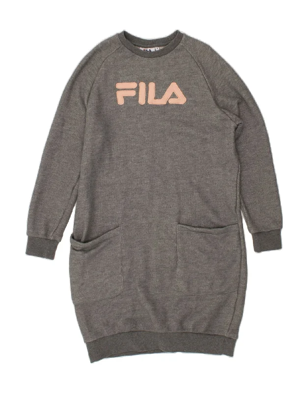 FILA Womens Graphic Sweatshirt Jumper Dress UK 10 Small Grey Cotton Hoodie with Drawstring Waist Adjustable Fitted FILA Womens Graphic Sweatshirt Jumper Dress UK 10 Small Grey Cotton Hoodie with Drawstring Waist Adjustable Fitted