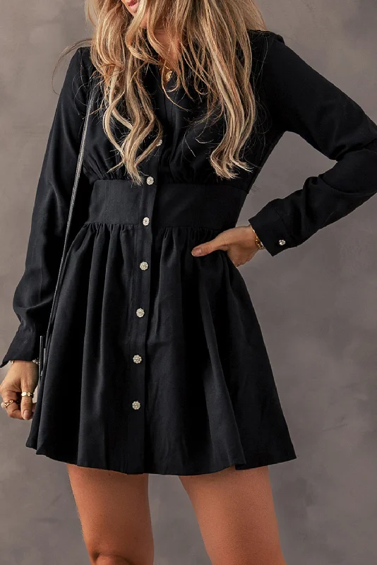 Black Mini Dress with Elastic Waist Fashionable Lace-Trim Mini Dress