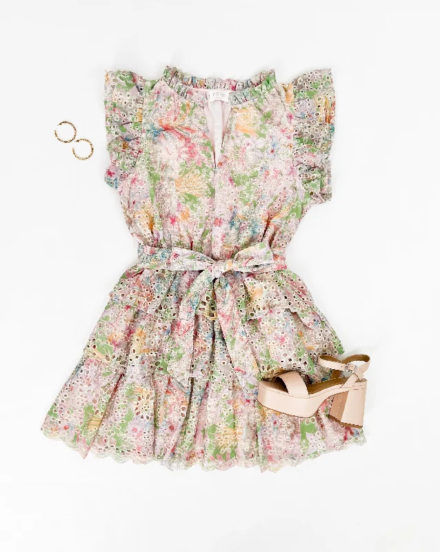 FLORAL DREAMS EYELET RUFFLE MINI DRESS Comfortable Smocked Mini Dress