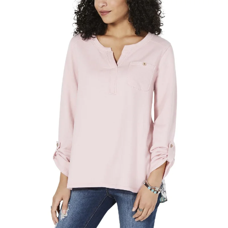 Style & Co. Womens Mixed Media Ruffled Sweatshirt Hoodie with Rhinestones Sparkly Elegant