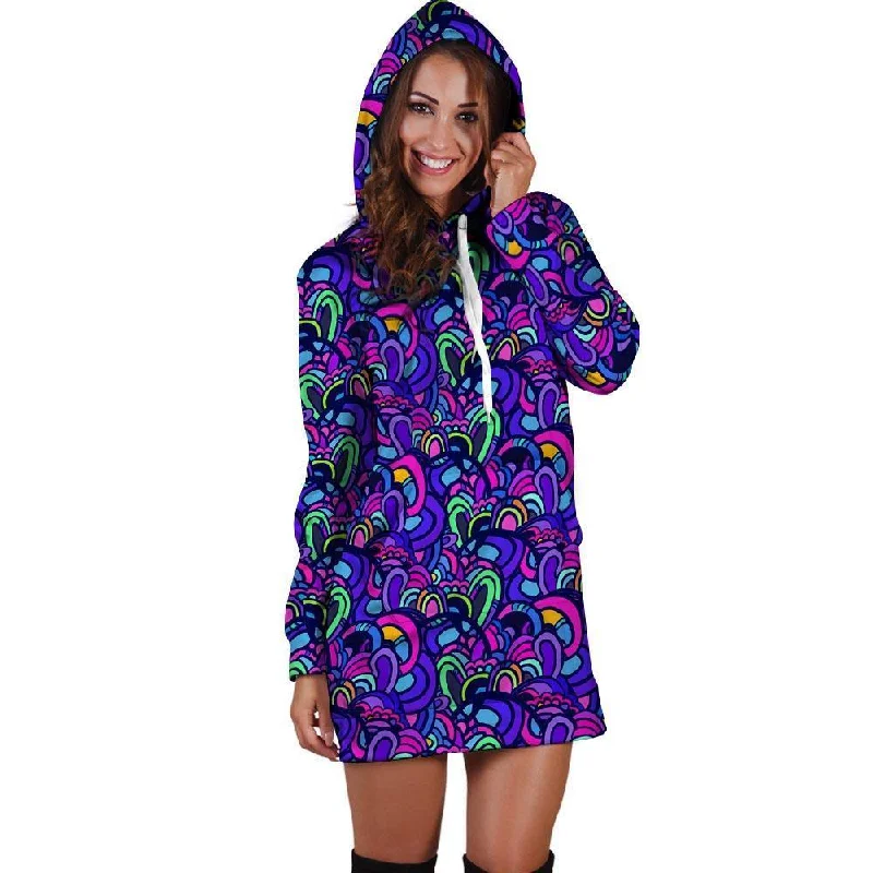 Blue Psychedelic Hoodie Dress Hoodie with Camouflage Military Edgy