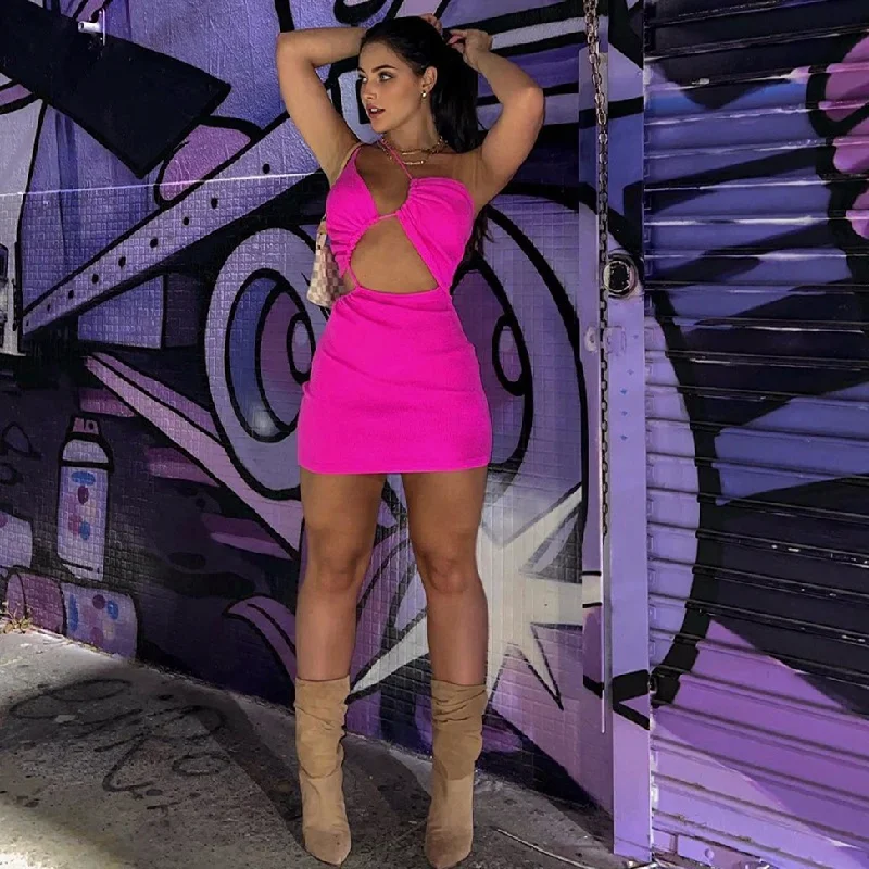Julia Fashion - Sexy Slant Shoulder Cut Out Bodycon Mini Dress Elegant Lace-Up Mini Dress Julia Fashion - Sexy Slant Shoulder Cut Out Bodycon Mini Dress Elegant Lace-Up Mini Dress
