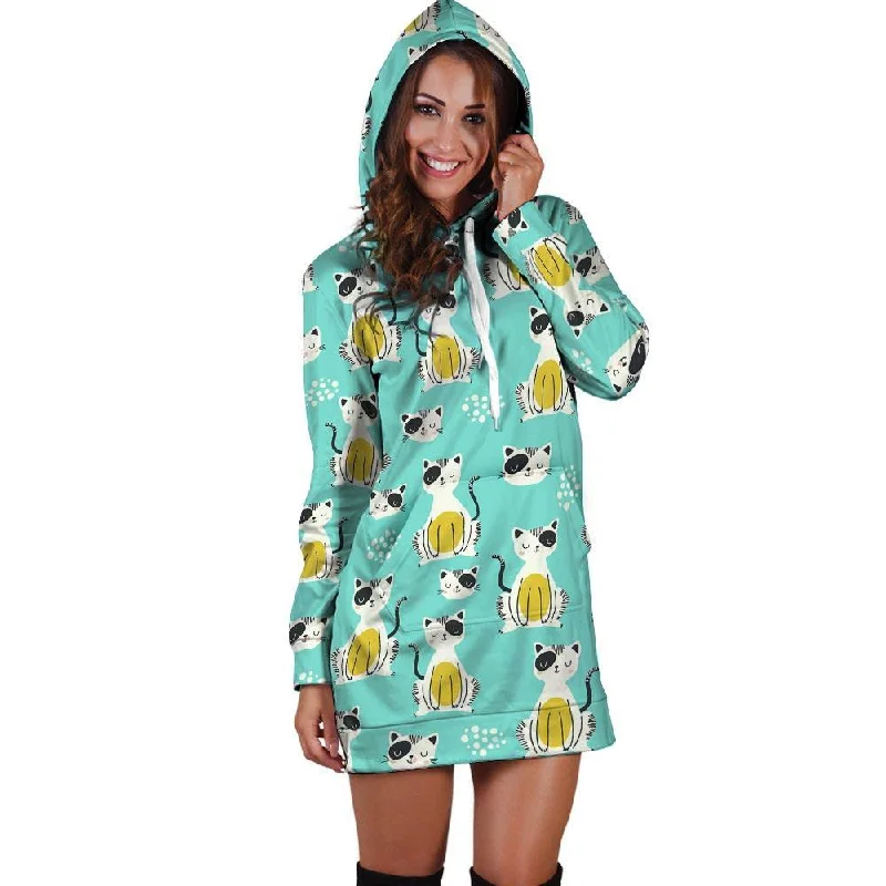 Blue Cat Print Hoodie Dress Hoodie with Rolled Sleeves Casual Relaxed