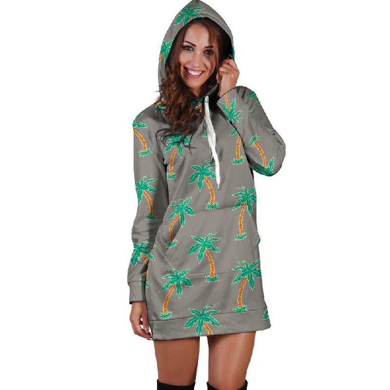 Cartoon Palm Tree Hawaiian Print Hoodie Dress Hoodie with Hem Drawcord Adjustable Customizable Cartoon Palm Tree Hawaiian Print Hoodie Dress Hoodie with Hem Drawcord Adjustable Customizable