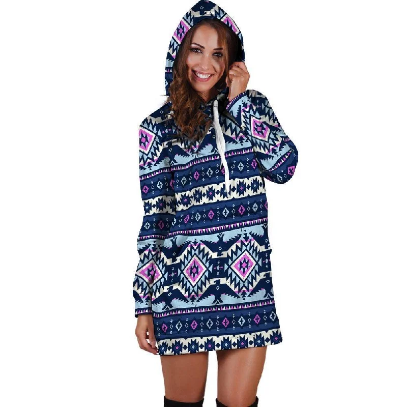 Blue Tribal Aztec Eagles Hoodie Dress Hoodie with Fur Luxurious Winter