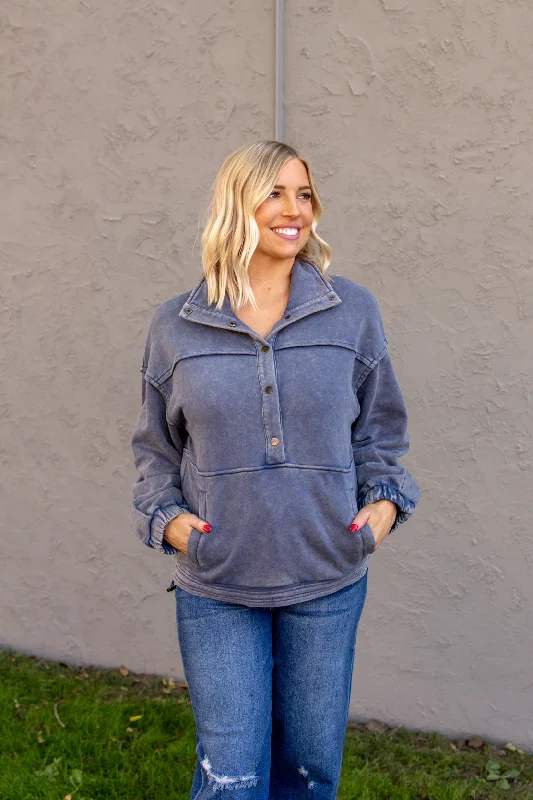 Hallie Button Down Sweatshirt | Denim Hoodie with Cropped Fit Short Trendy