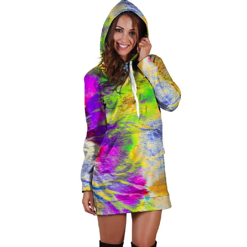 Abstract Tie Dye Hoodie Dress Hoodie with Distressed Vintage Worn