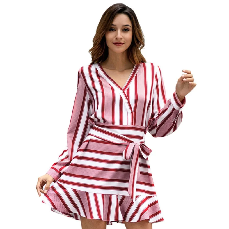V-neck Lacing Striped Ruffles A-line Dresses Women Casual Long Sleeves Mini Dress Hight Quality Ladies Elegant Party Dress New Halter Neckline Beach V-neck Lacing Striped Ruffles A-line Dresses Women Casual Long Sleeves Mini Dress Hight Quality Ladies Elegant Party Dress New Halter Neckline Beach