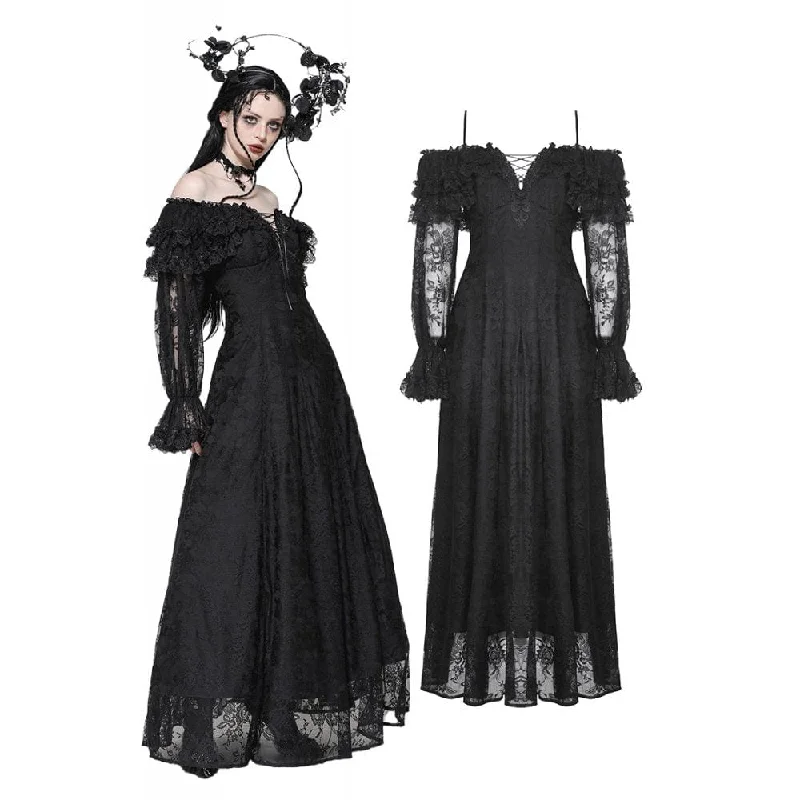 Women's Gothic Off-the-Shoulder Ruffled Lace Splice Prom Dress Tunics Denim casual