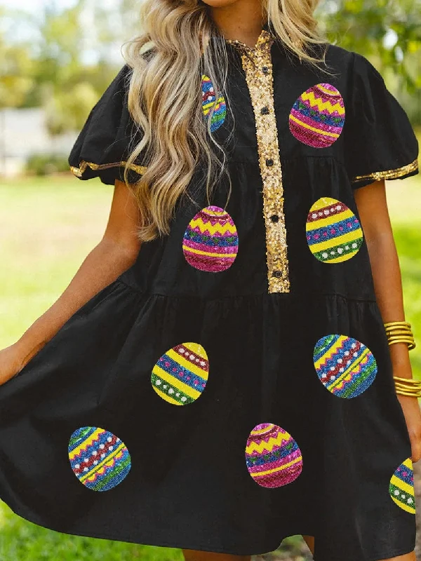 Black Sparkling Easter Egg Sequin Detail Mini Dress Cozy Ruched Mini Dress