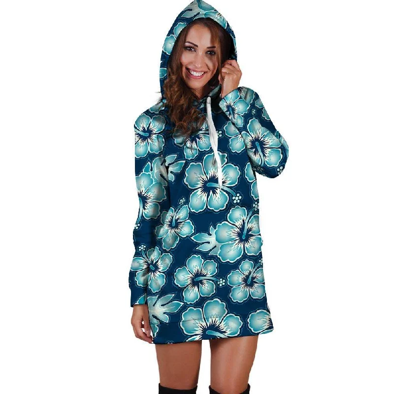 Blue Hibiscus Hawaiian Print Hoodie Dress Hoodie with Set-In Sleeves Structured Classic