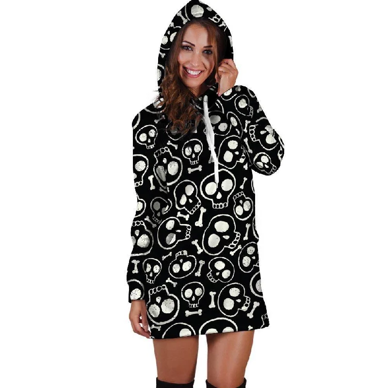 Black Cartoon Skull Hoodie Dress Hoodie with Hem Contrast Bold Stylish