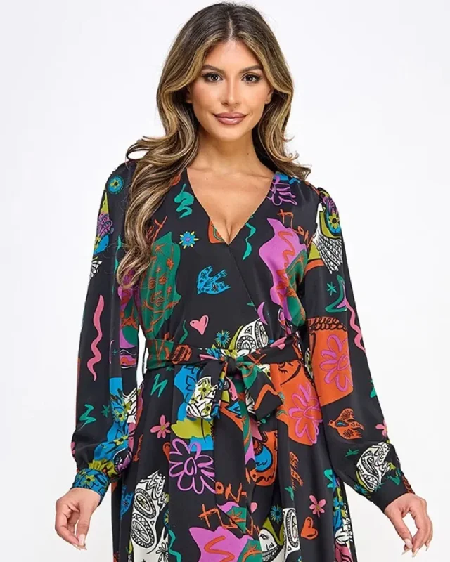 Printed Long Sleeve Mini Dress With Belt | Black Elegant Silk Mini Dress