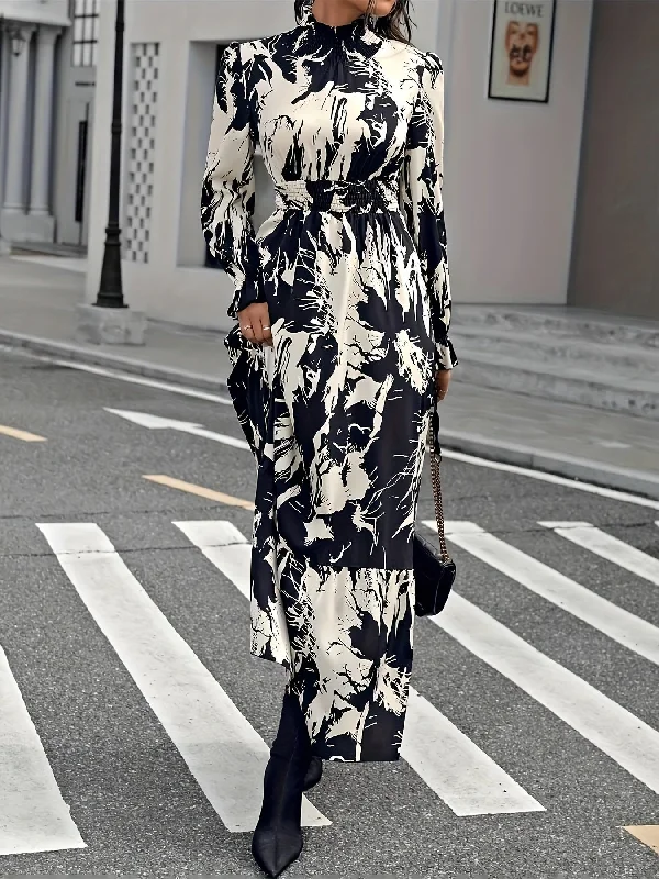 Elegant Women's Lantern Sleeve Dress - Floral Mock Neck, Cinched Waist - Casual to Formal Wear Casual Short Summer