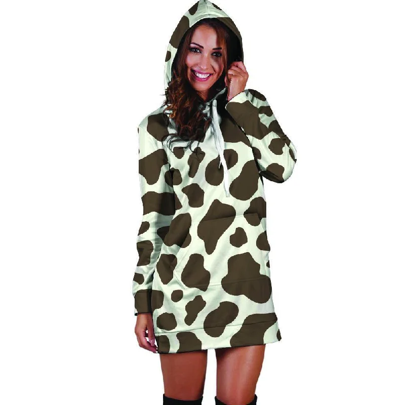 Brown And White Cow Print Hoodie Dress Hoodie with Embroidery Detailed Premium