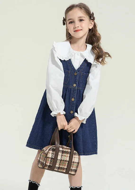 Stylish Peter Pan Collar Button Kids Long Dress And Shirts Two Pieces Set Spring TG013 A-Line Day Work Stylish Peter Pan Collar Button Kids Long Dress And Shirts Two Pieces Set Spring TG013 A-Line Day Work