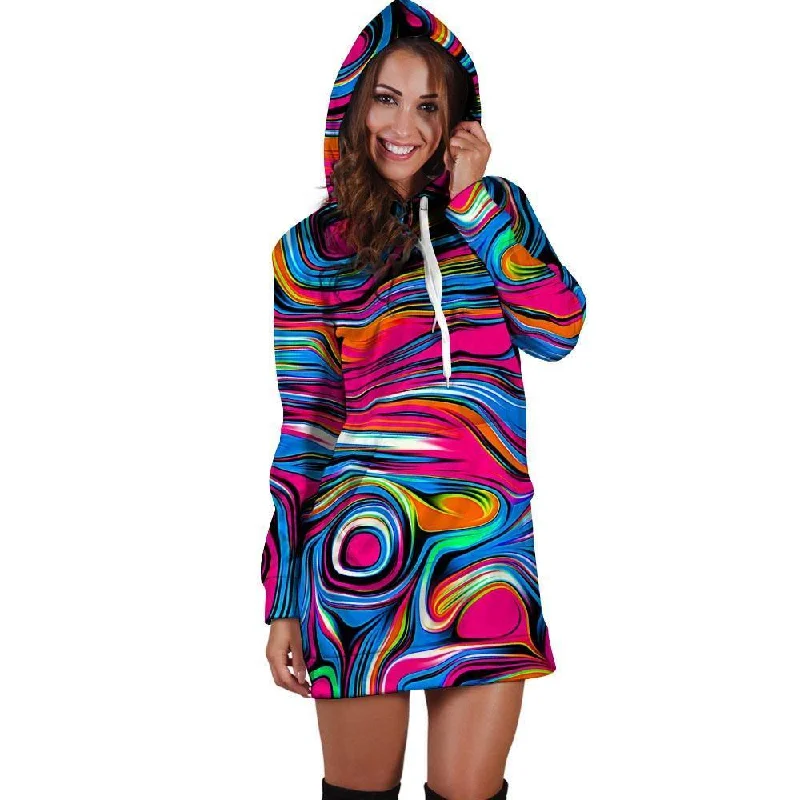 Abstract Trippy Paint Hoodie Dress Hoodie with Contrast Stitching Detailed Premium
