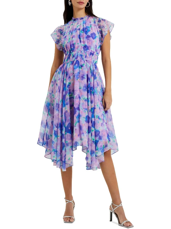 Gretha Crinkle Womens Printed Handkerchief Hem Midi Dress Tunics Versatile stylish