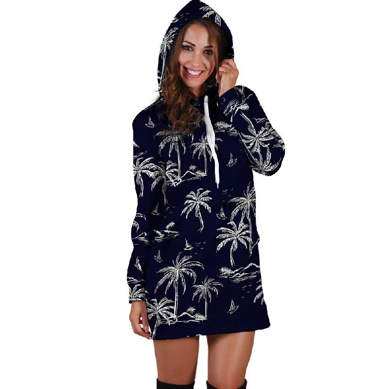 Black Palm Tree Hawaiian Print Hoodie Dress Hoodie with Hem Ribbing Snug Secure