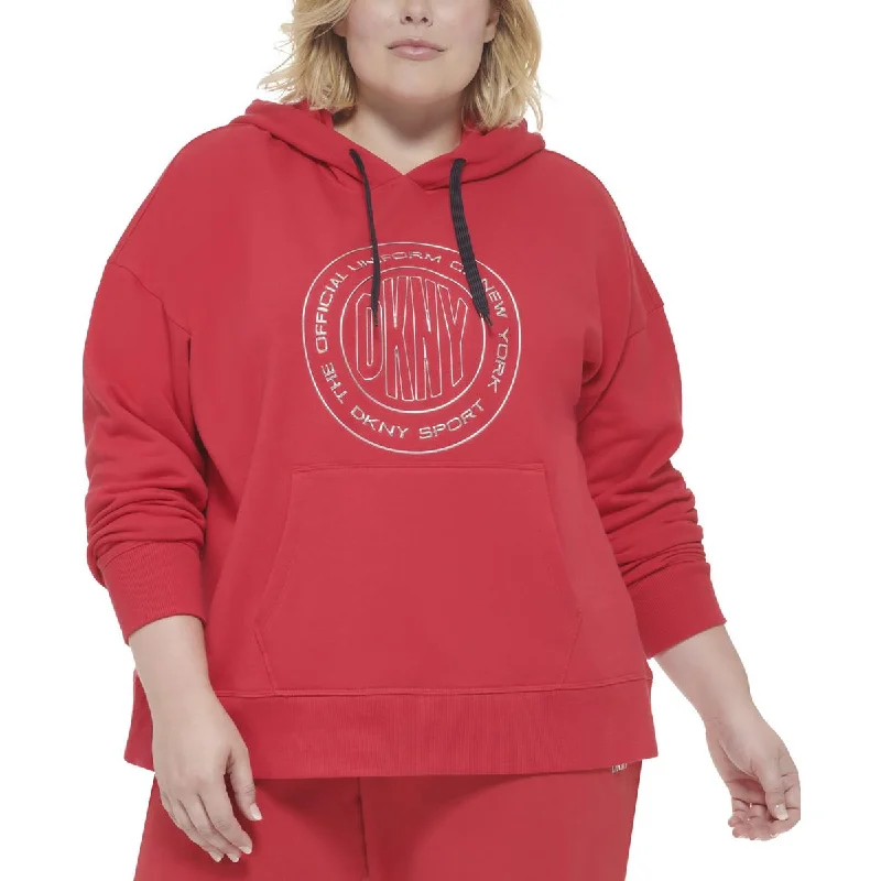 DKNY Sport Womens Plus Logo Fleece Hoodie Hoodie with Hem Patch Decorative Personalized DKNY Sport Womens Plus Logo Fleece Hoodie Hoodie with Hem Patch Decorative Personalized