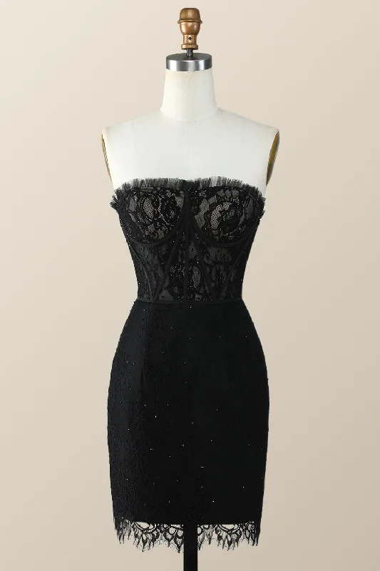 Strapless Black Lace Bodycon Mini Dresss Fashionable Pleated Mini Dress