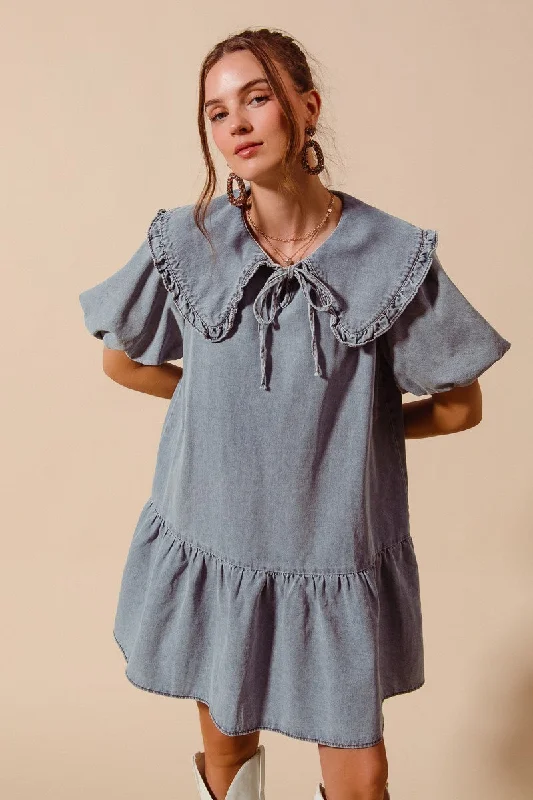 Denim Bubble Mini Dress Elegant Lace-Up Mini Dress