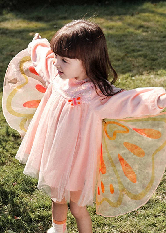 Lovely Pink Wrinkled Patchwork Butterfly Tulle Girls Holiday Long Dress Spring TV023 empire Waist empire