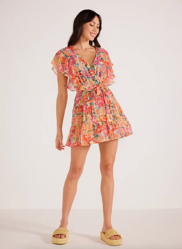 Valla Flutter Mini Dress -  Pink Floral Stylish Summer Mini Dress