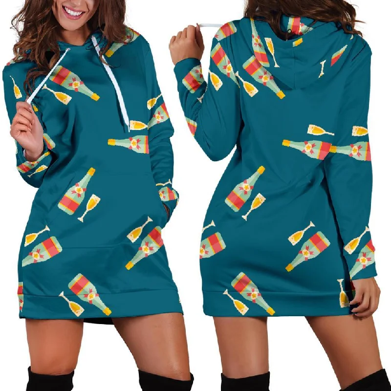 Champagne Print Pattern Women Hoodie Dress Hoodie with Hem Raw Edge Edgy Unfinished