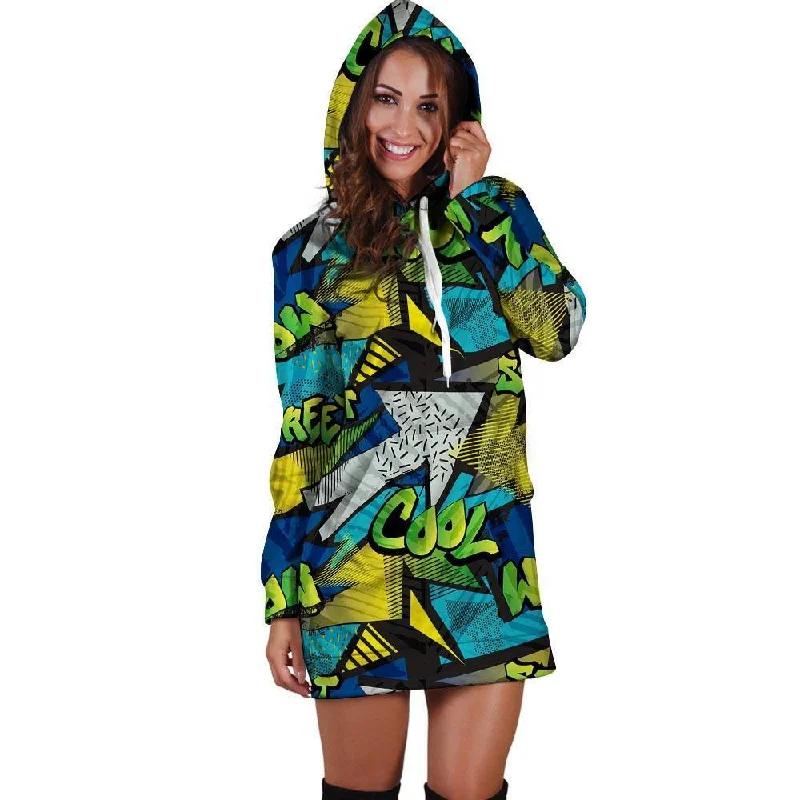 Abstract Graffiti Print Hoodie Dress Hoodie with Exposed Zipper Edgy Industrial