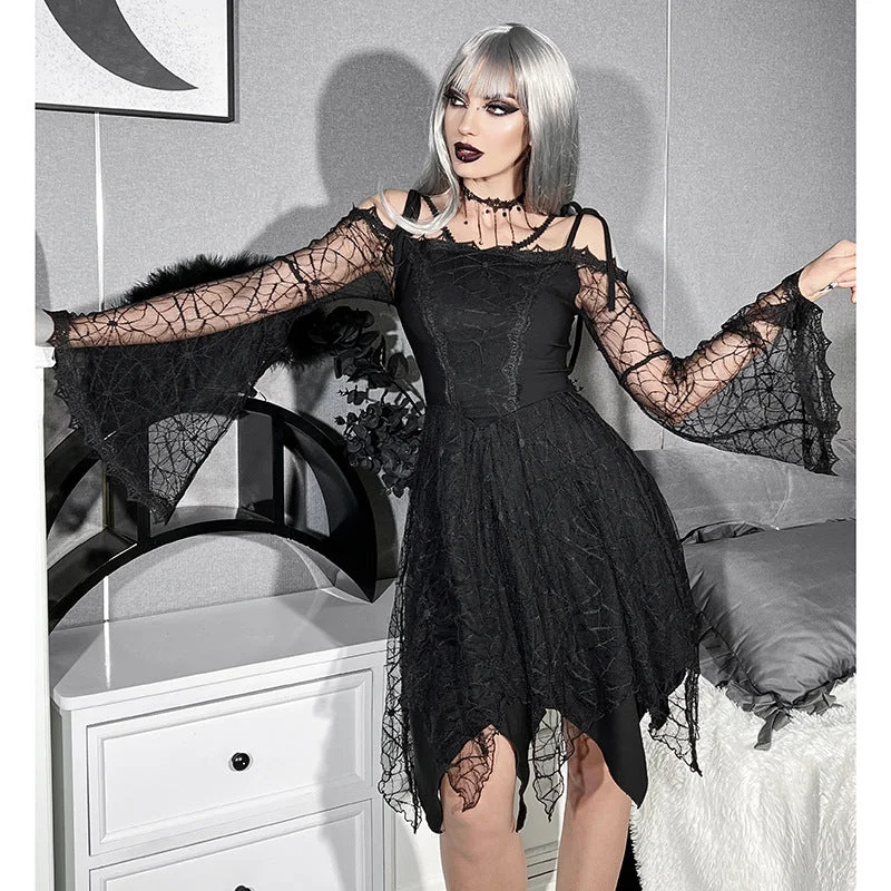 Gothic Sleeveless Lace Dress Halloween A-Line Mini Dress Summer Womens Spaghetti Strap Velvet Dresses Black Trendy Mini Dress with Belt