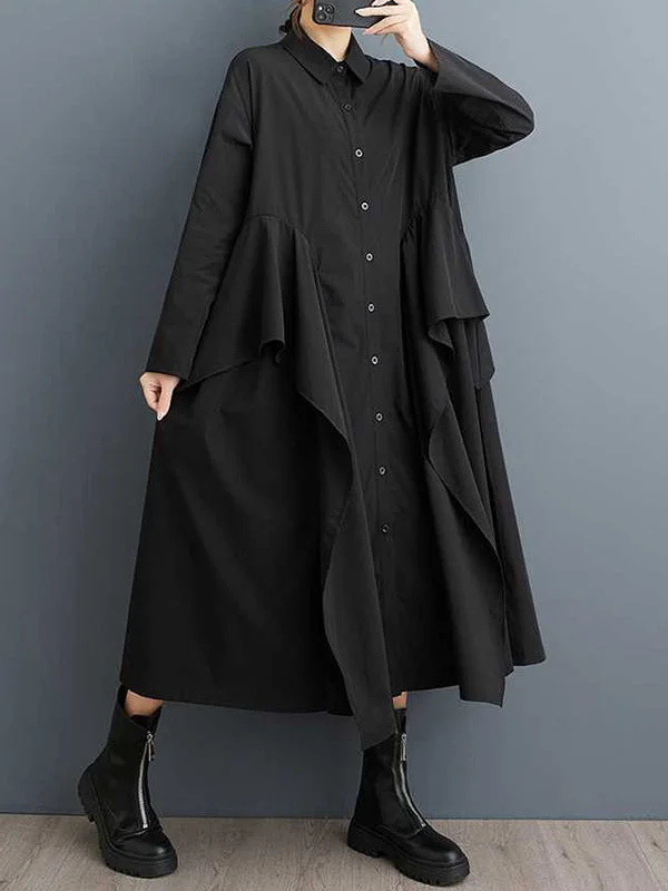 Unique Black Lapel Buttoned Patchwork Ruffle Trim Long Sleeve Dress TW018 Tunics Top rated Unique Black Lapel Buttoned Patchwork Ruffle Trim Long Sleeve Dress TW018 Tunics Top rated