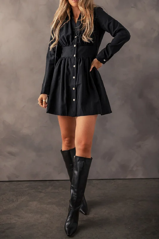 Black Collared Mini Dress with Buttons Comfortable Ruffle Mini Dress
