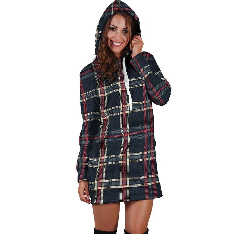 Black Tartan Plaid Hoodie Dress Hoodie with Velcro Closure Adjustable Secure