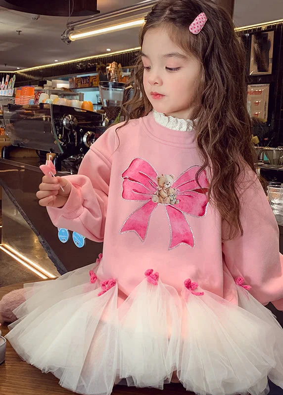 Cute Pink O-Neck Bow Tulle Patchwork Girls Maxi Dresses Spring TV030 Tunics Bestseller popular Cute Pink O-Neck Bow Tulle Patchwork Girls Maxi Dresses Spring TV030 Tunics Bestseller popular