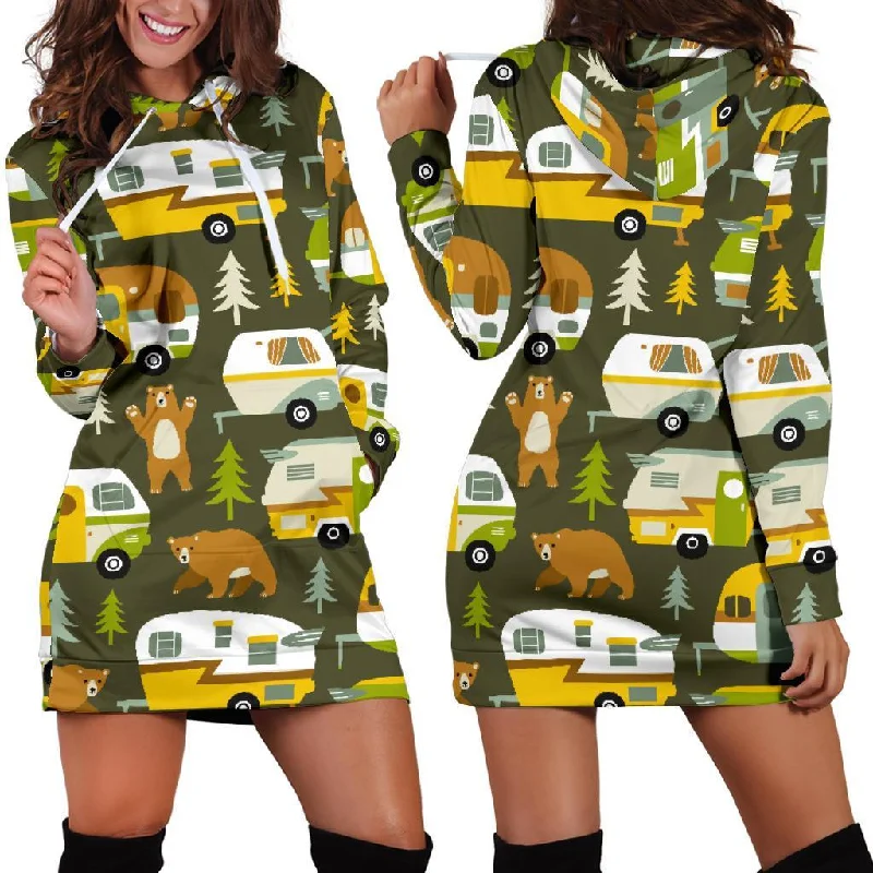 Camper Van Print Pattern Women Hoodie Dress Hoodie with Embroidery Detailed Premium