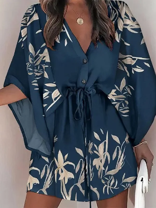 Loose-fitting Mini Dress with V-Neck and Button Detail Stylish Floral Print Mini Dress