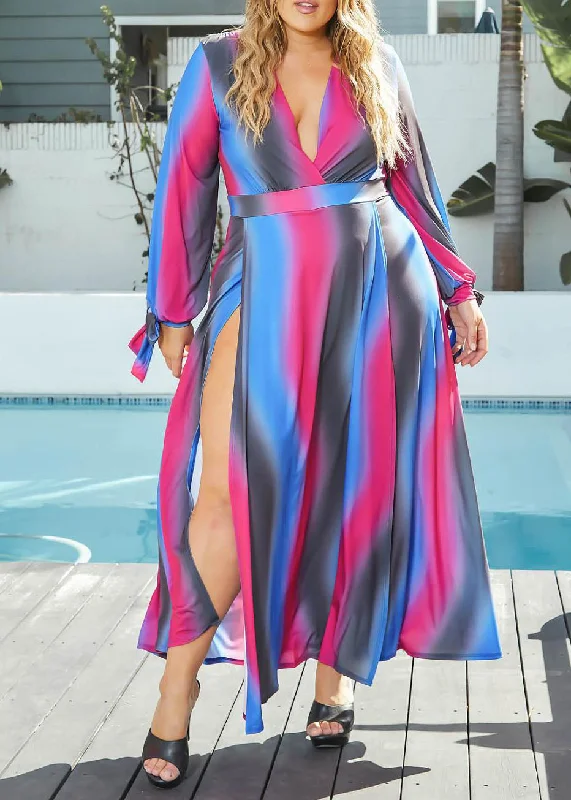 HI CURVY Plus Size Gradient Double Slit Hem Maxi Dress Made In USA Tunics Silk luxurious HI CURVY Plus Size Gradient Double Slit Hem Maxi Dress Made In USA Tunics Silk luxurious