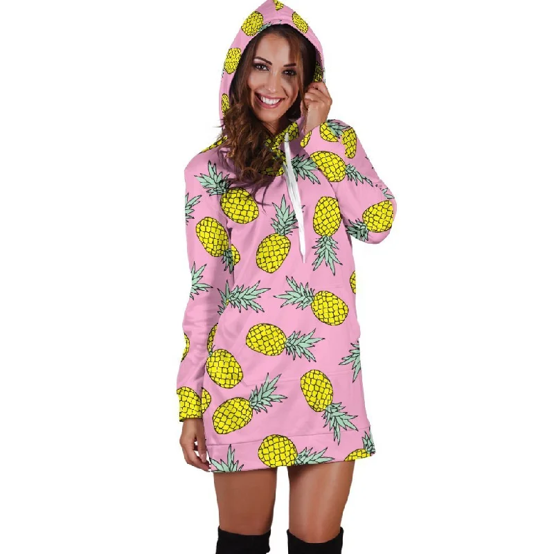 Women Pink Pineapple Hawaiian Hoodie Dress Print Hoodie with Embroidery Detailed Premium Women Pink Pineapple Hawaiian Hoodie Dress Print Hoodie with Embroidery Detailed Premium