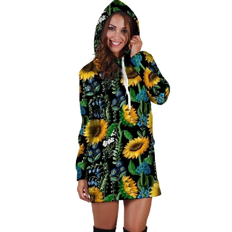 Black Sunflower Floral Hoodie Dress Hoodie with Belted Waist Structured Tailored